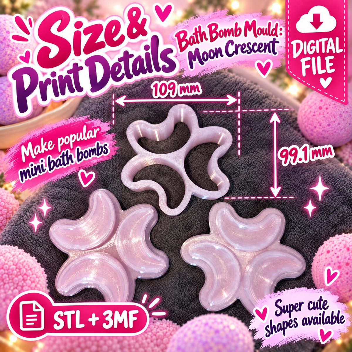 Crescent Moon bath bomb mould digital file size and print details