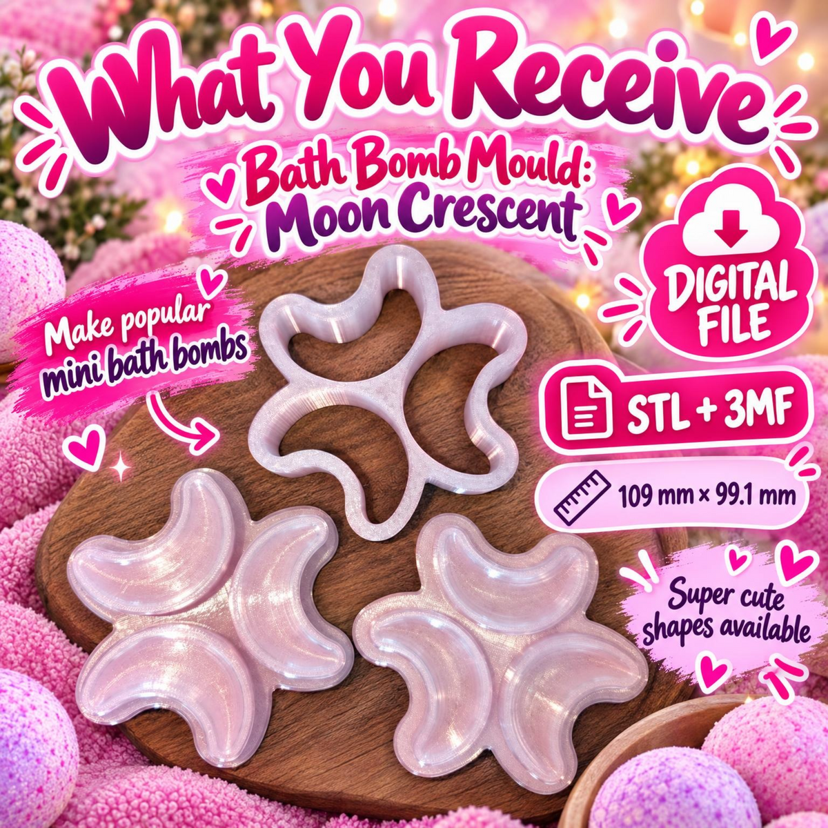 Crescent Moon bath bomb mould digital file what you receive