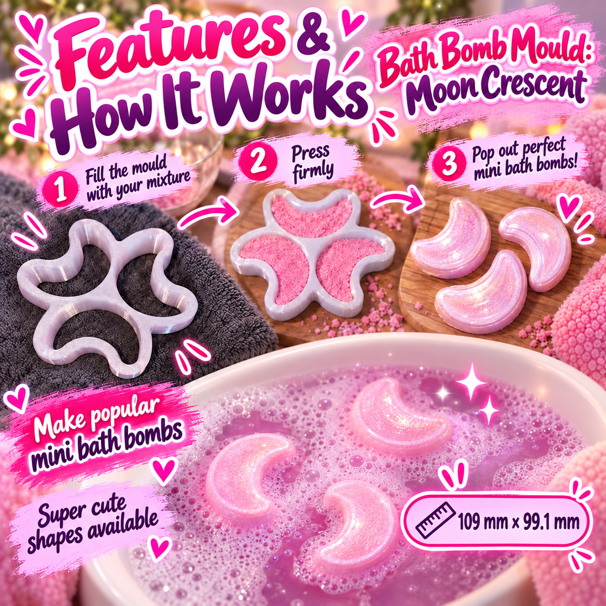 Crescent Moon bath bomb mould physical PETG how it works