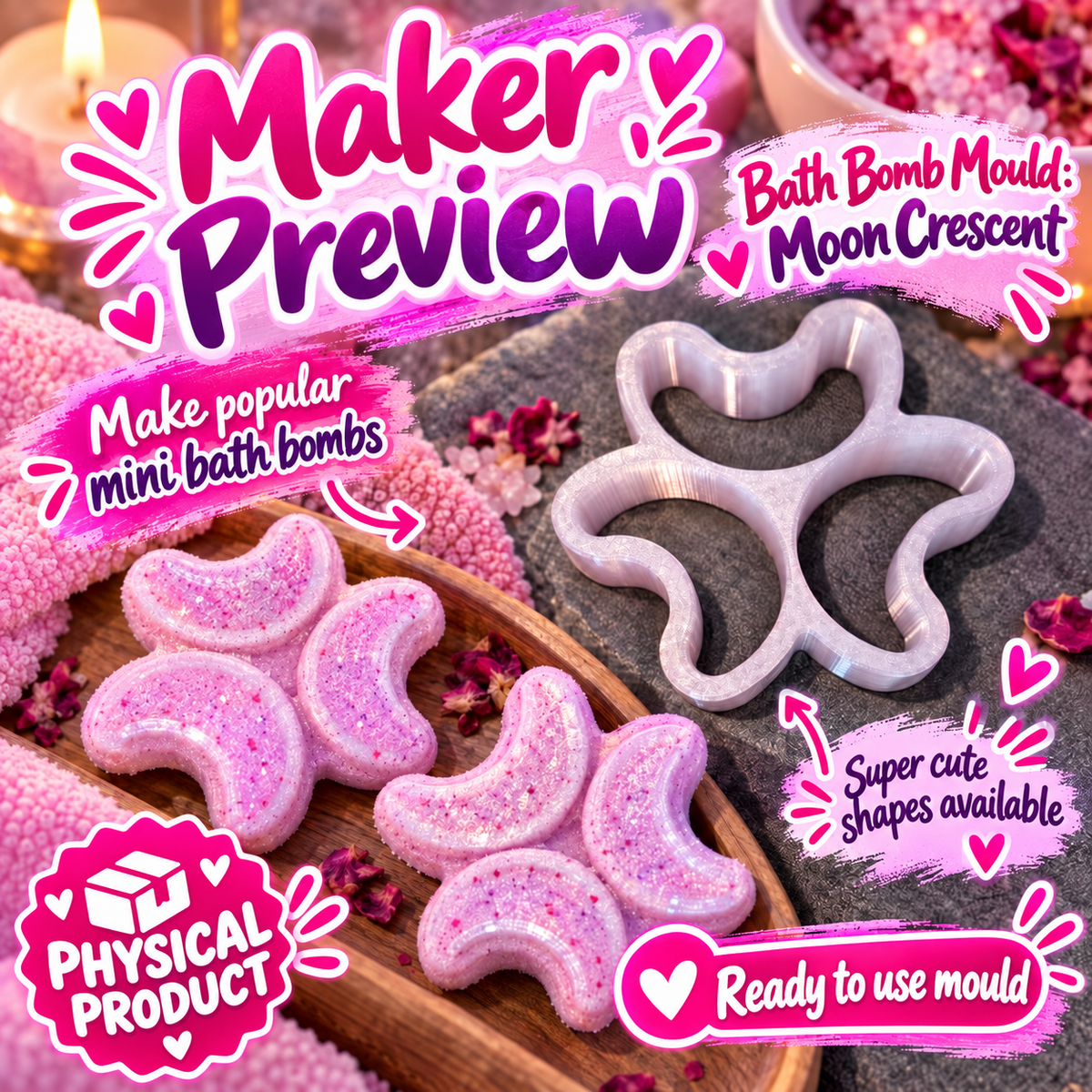 Crescent Moon bath bomb mould physical PETG maker preview