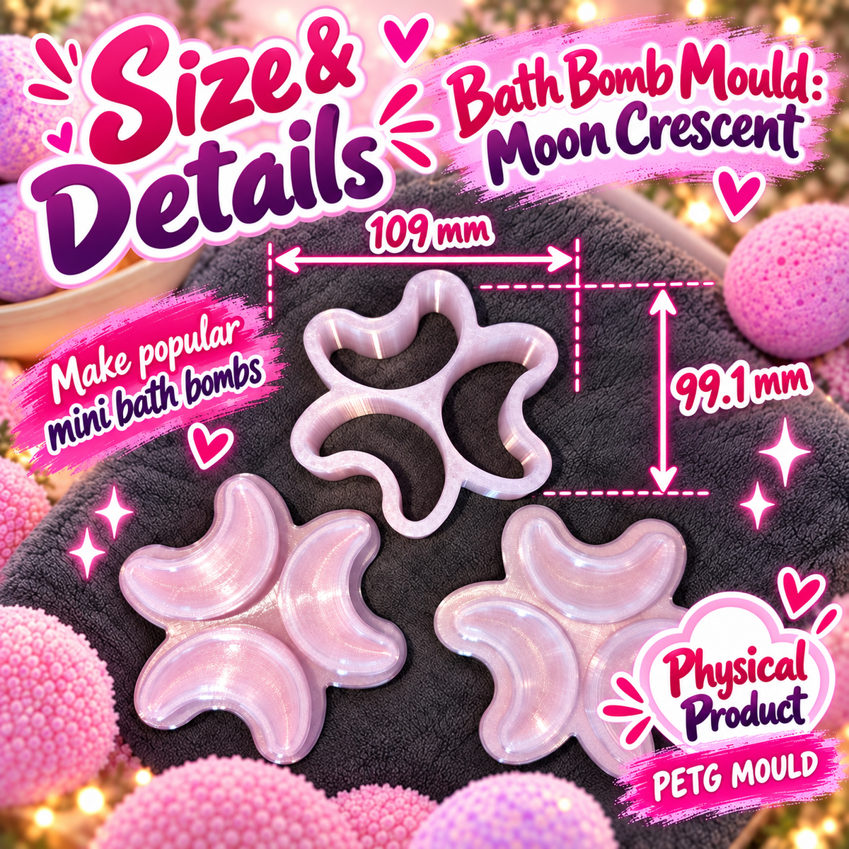 Crescent Moon bath bomb mould physical PETG size details