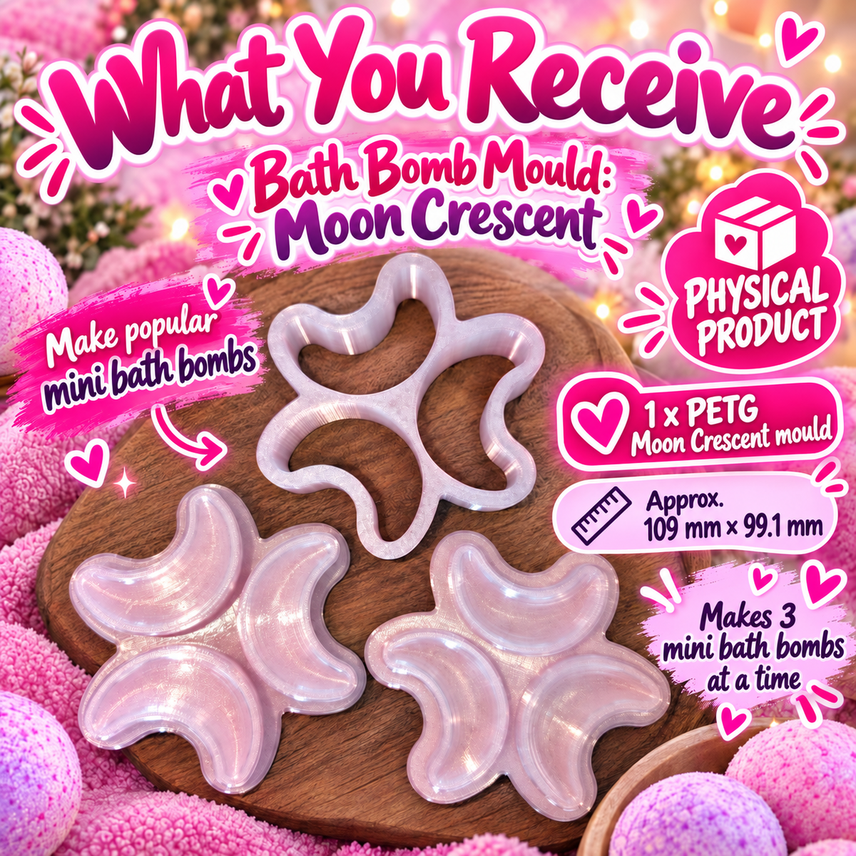 Crescent Moon bath bomb mould physical PETG what you receive