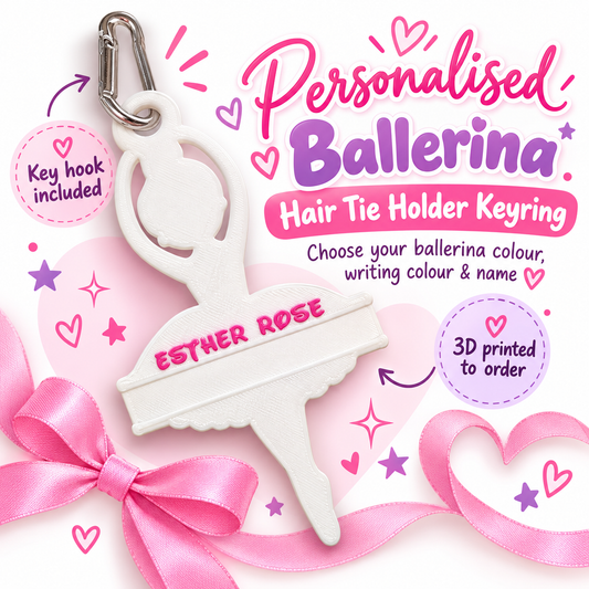 Personalised ballerina hair tie holder keyring with custom name and colour choices