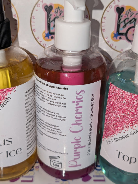 Purple Cherries 2 in 1 shower gel and bubble bath 225ml pump bottle