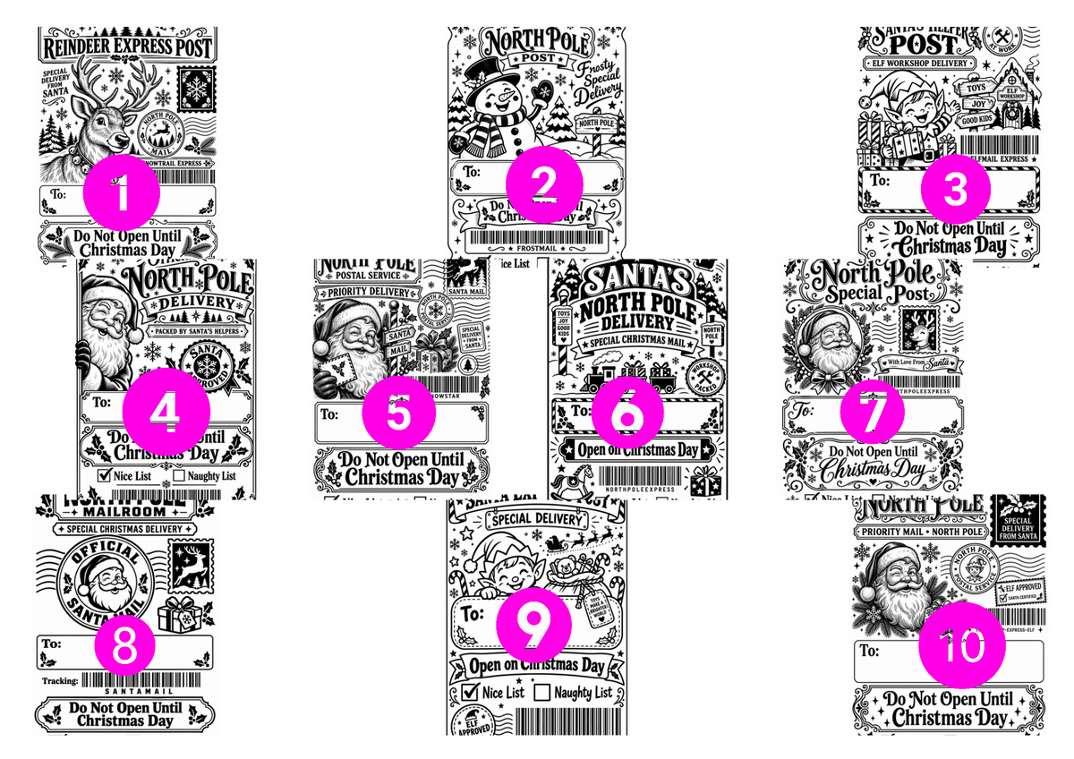 Choose a Santa thermal label design from numbers 1 to 10