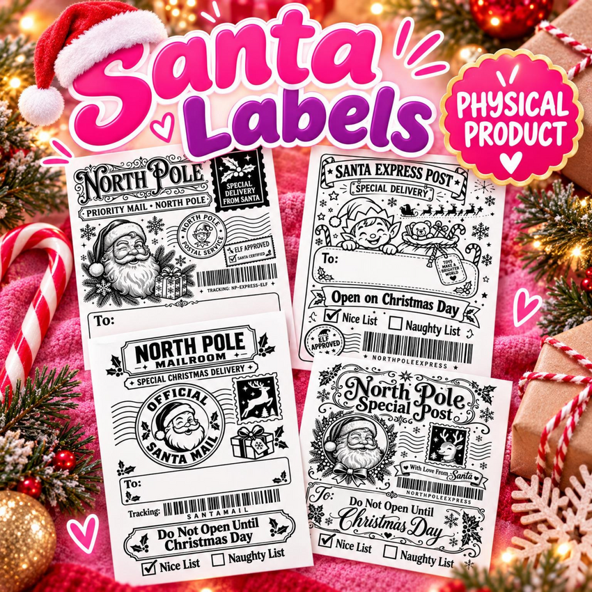 50 Santa North Pole Christmas Gift Labels | PHYSICAL Black & White Thermal Stickers