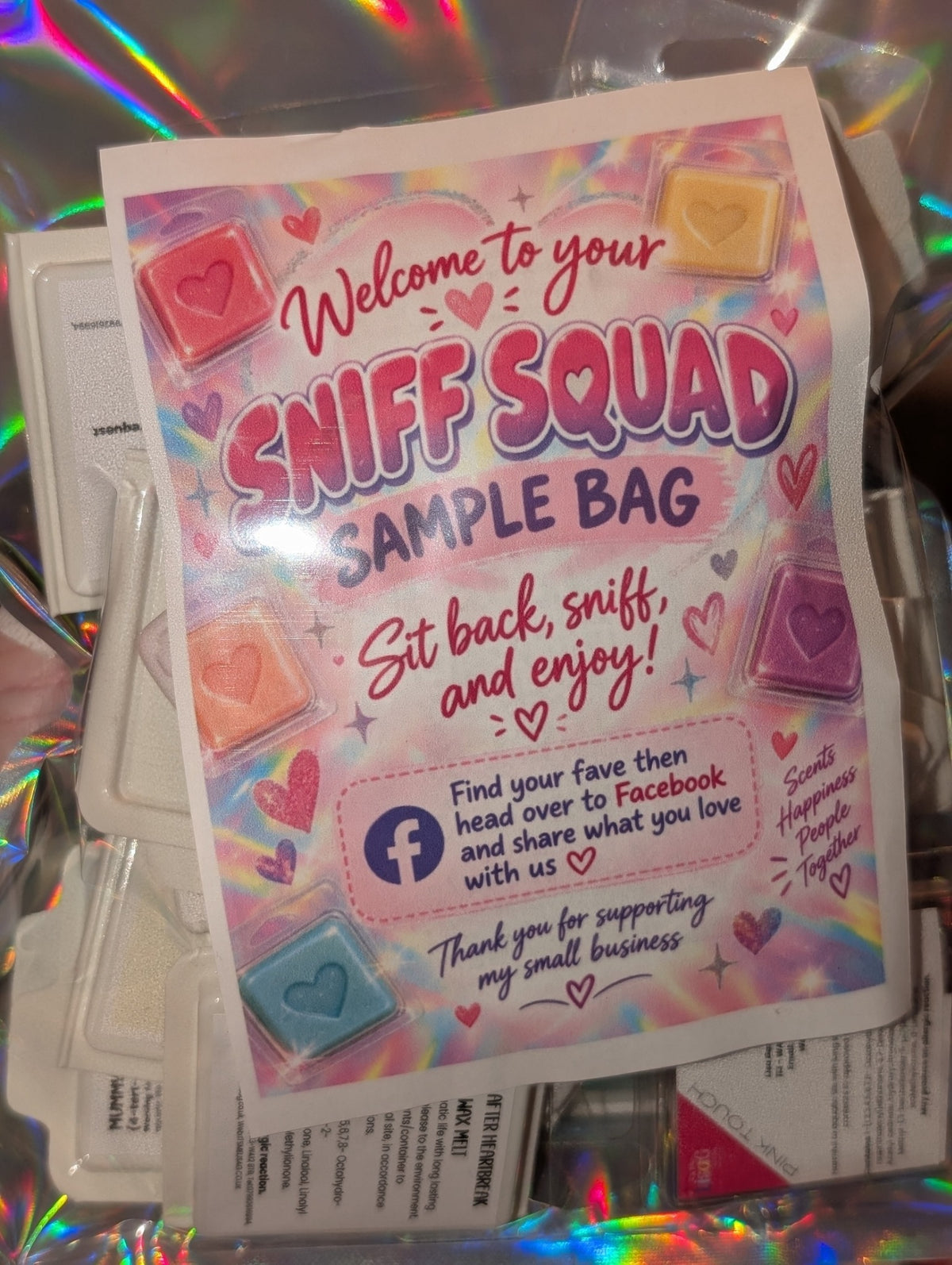 Packed Sniff Squad sample bag showing individually labelled wax melt fragrance samples