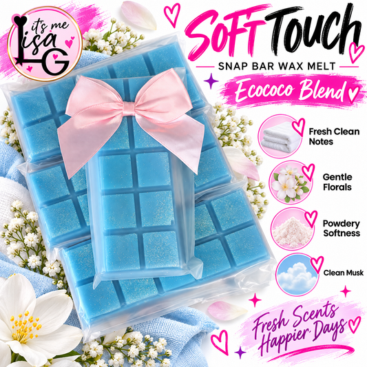 Soft Touch wax melt branded hero showing the actual blue snap bars