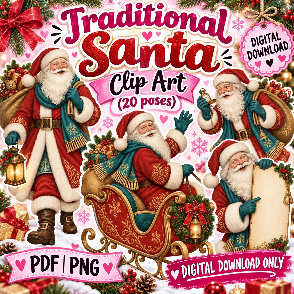 Traditional Santa Clip Art 20 PNG digital Christmas illustrations