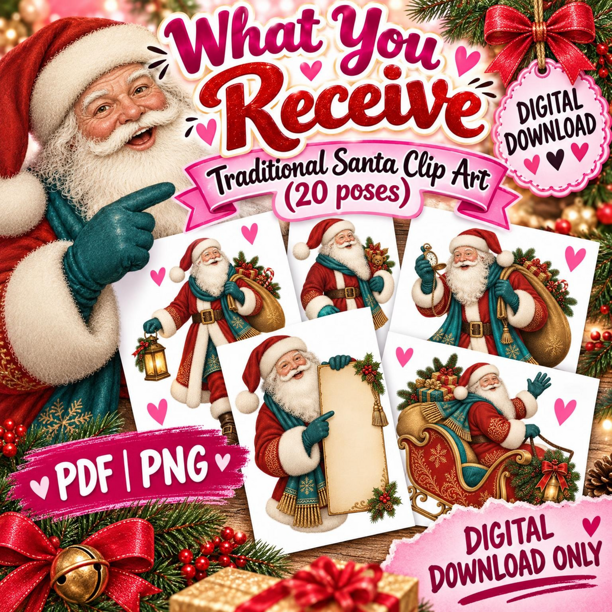 20 Traditional Santa PNG illustrations, all different poses