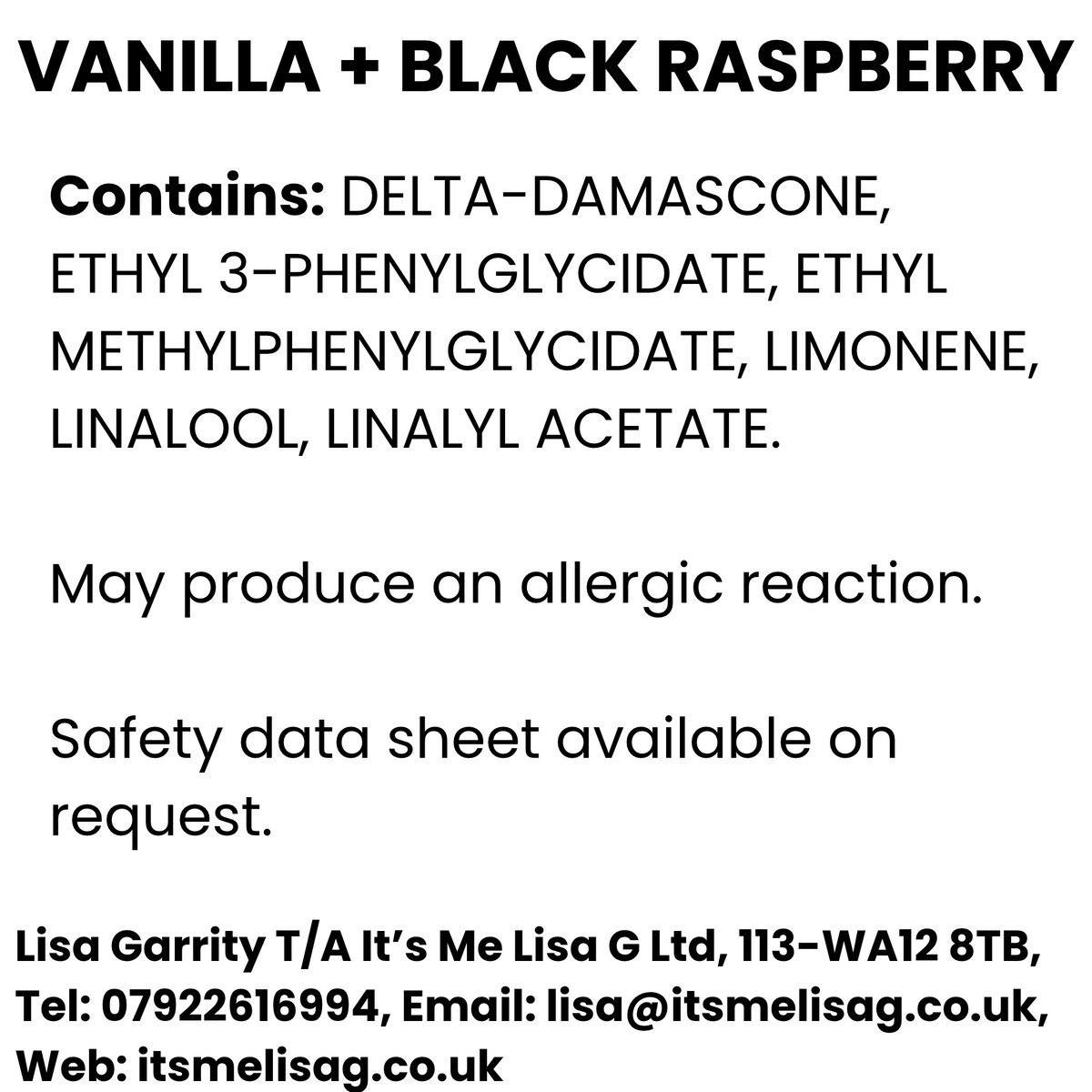 Vanilla + Black Raspberry CLP safety label
