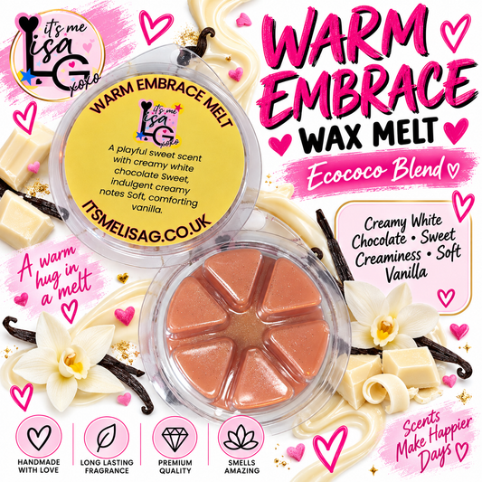 Warm Embrace wax melt branded hero showing the actual rose gold circular wax melt